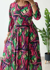 Size M, Abstract Print Fit & Flare Midi Dress