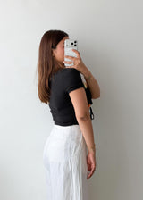 Size S-M Black Floral Appliqué Tie Front Top
