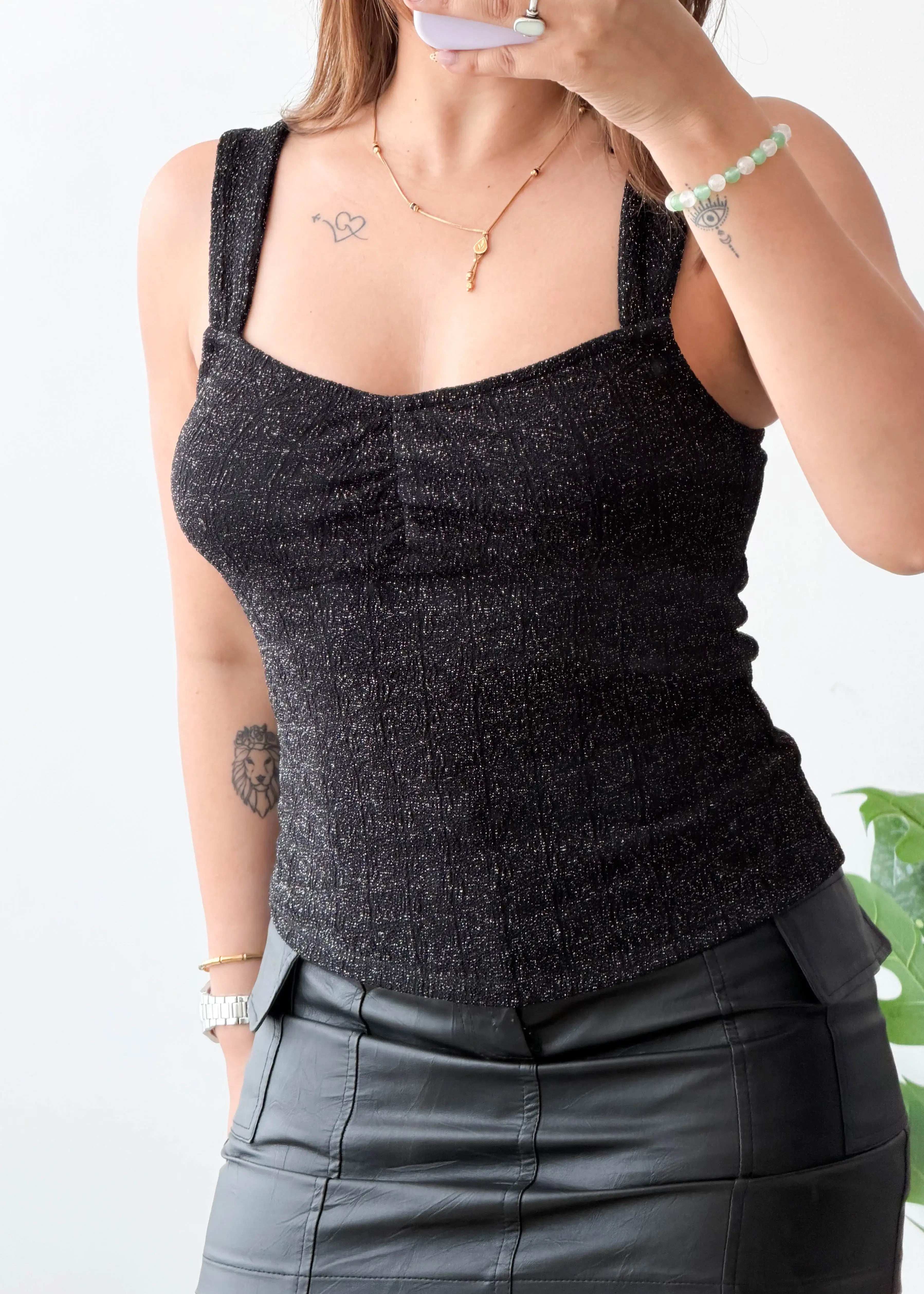 Size S-M, Black Square Neck Shimmer Top