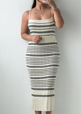 Size M-L Cream & Black Striped Ribbed Knit Midi Dress