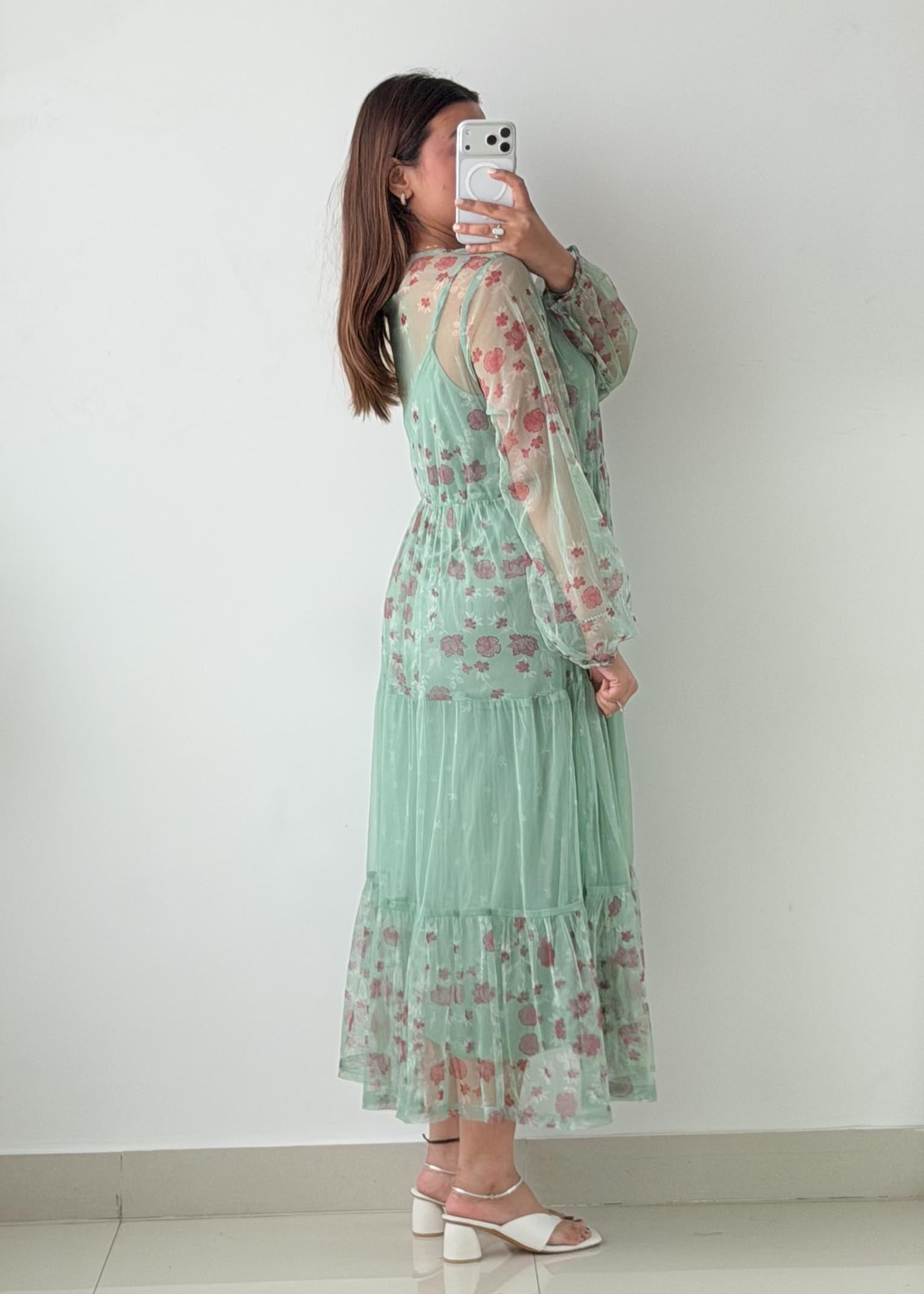 Size XL-2XL Mint Floral Mesh Maxi Dress