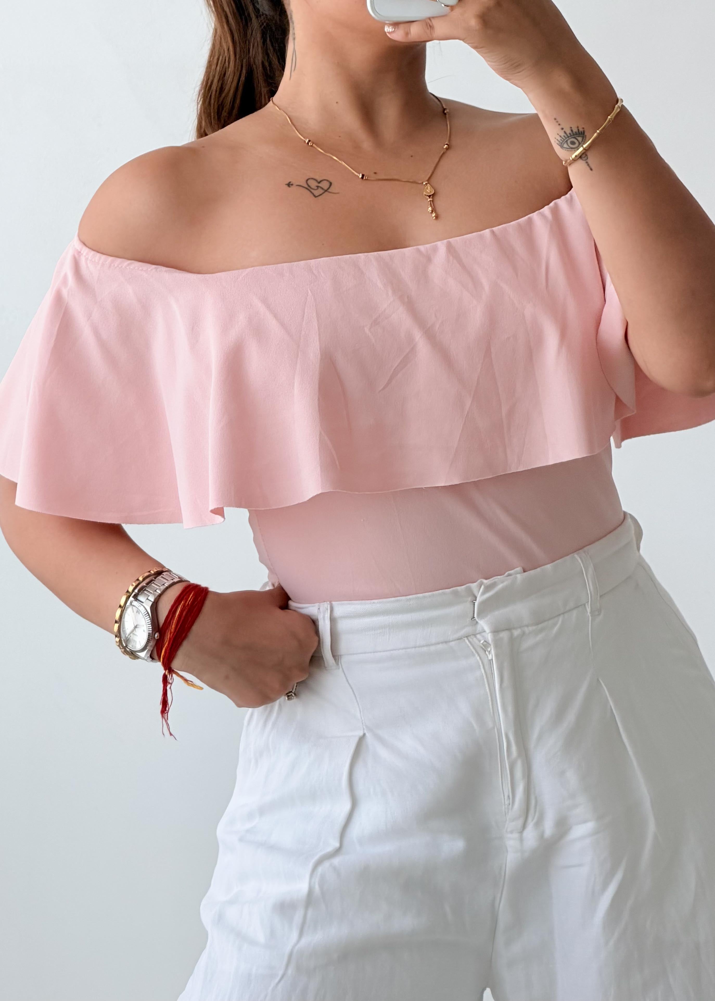 Size XS-S Baby Pink Off-Shoulder Ruffle Bodysuit