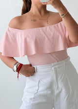 Size XS-S Baby Pink Off-Shoulder Ruffle Bodysuit