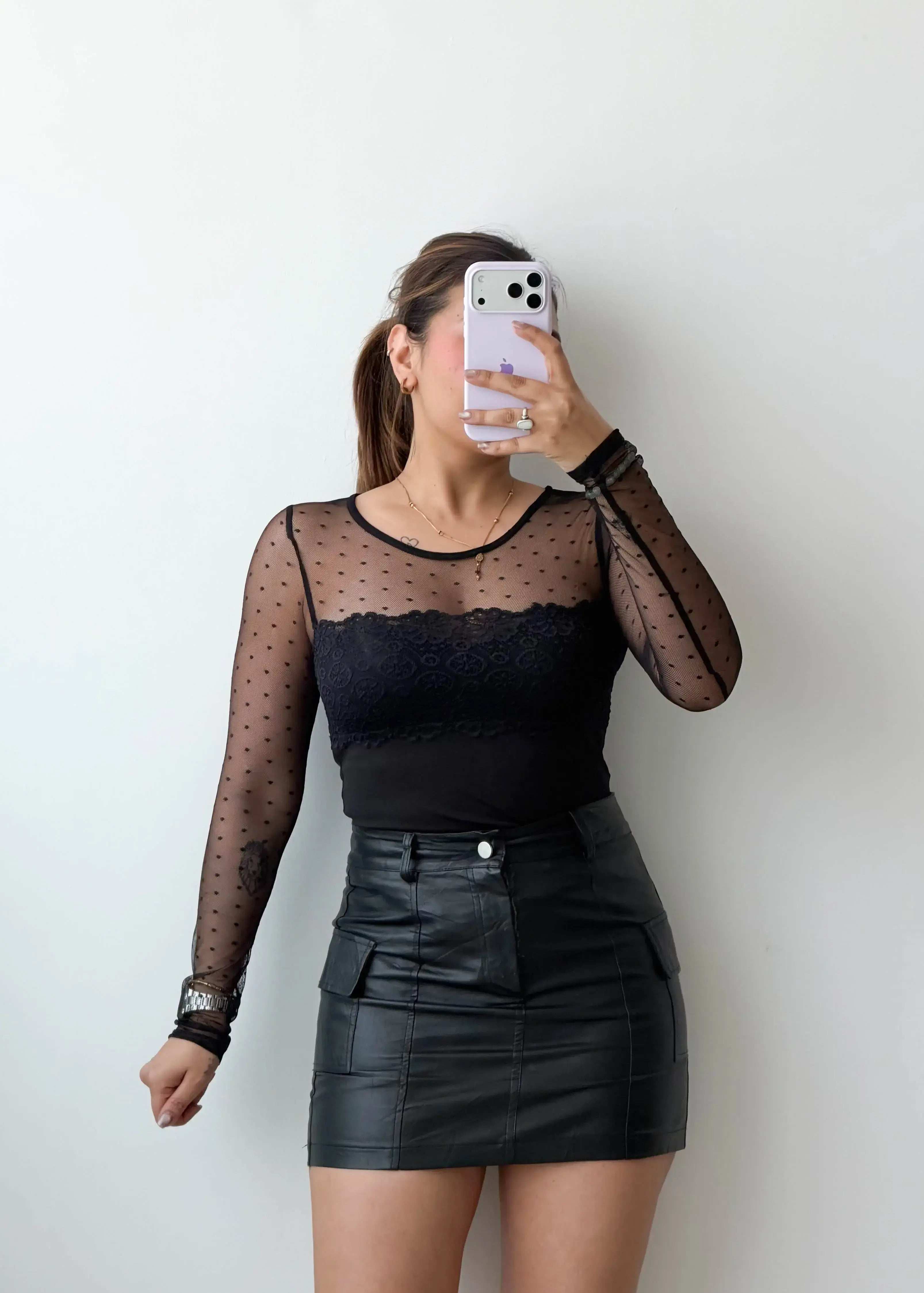 Size XS-S Black Sheer Polka Mesh Bodysuit