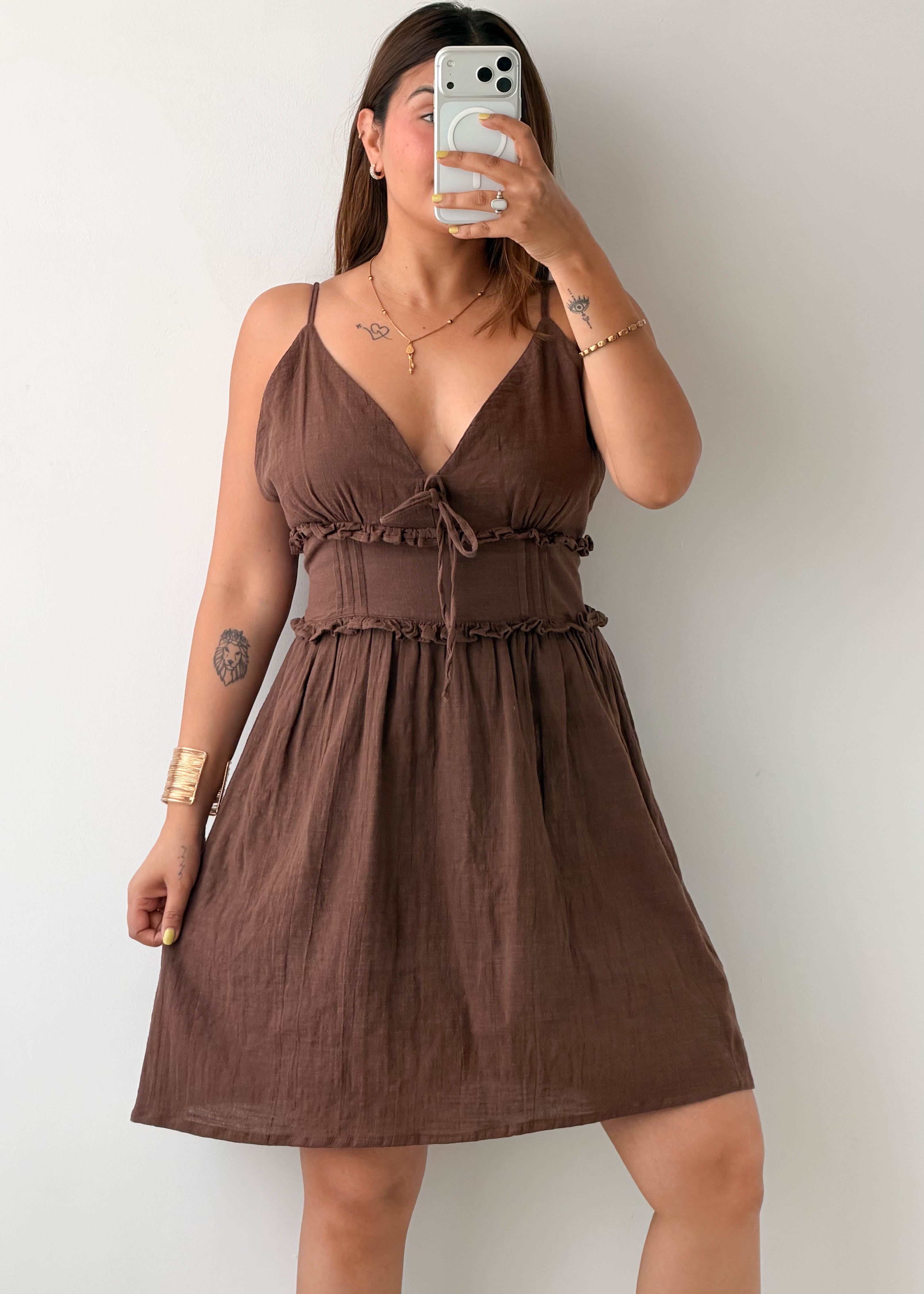 Size L-XL Brown Tie-Front Cotton Mini Dress