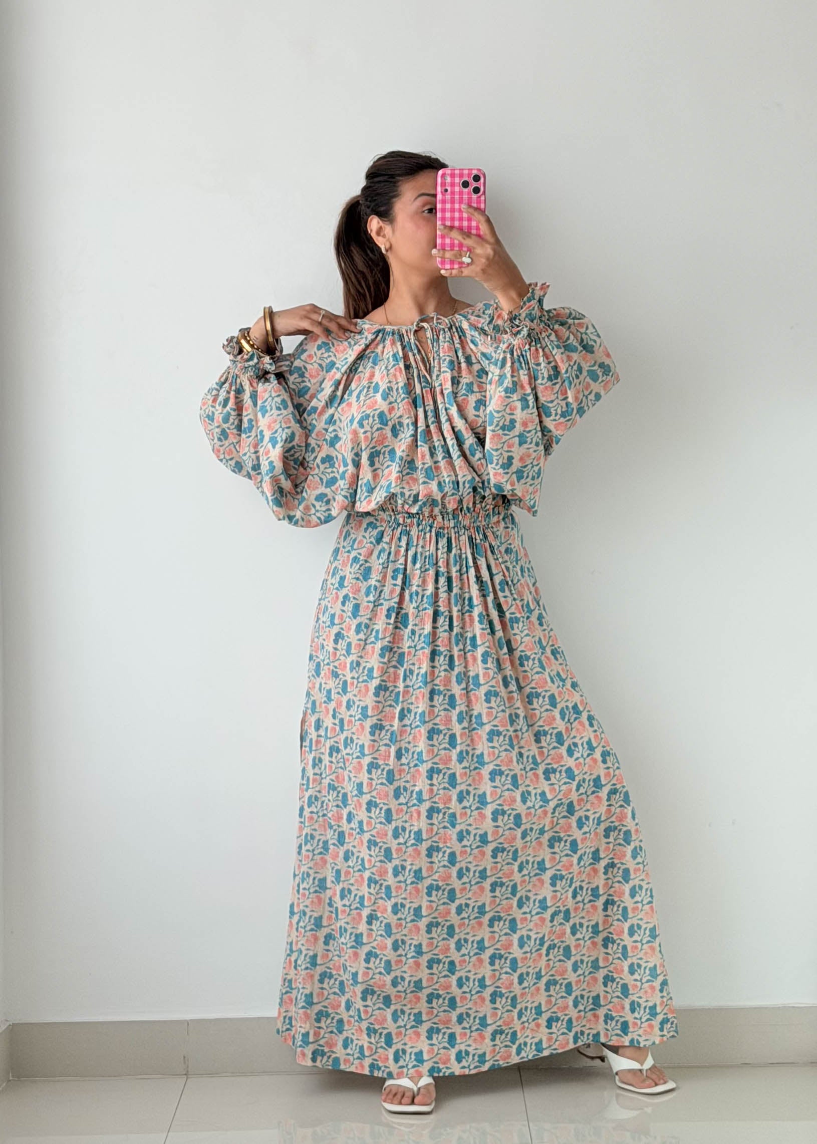 Size M-L Blue Floral Open Back Maxi Dress
