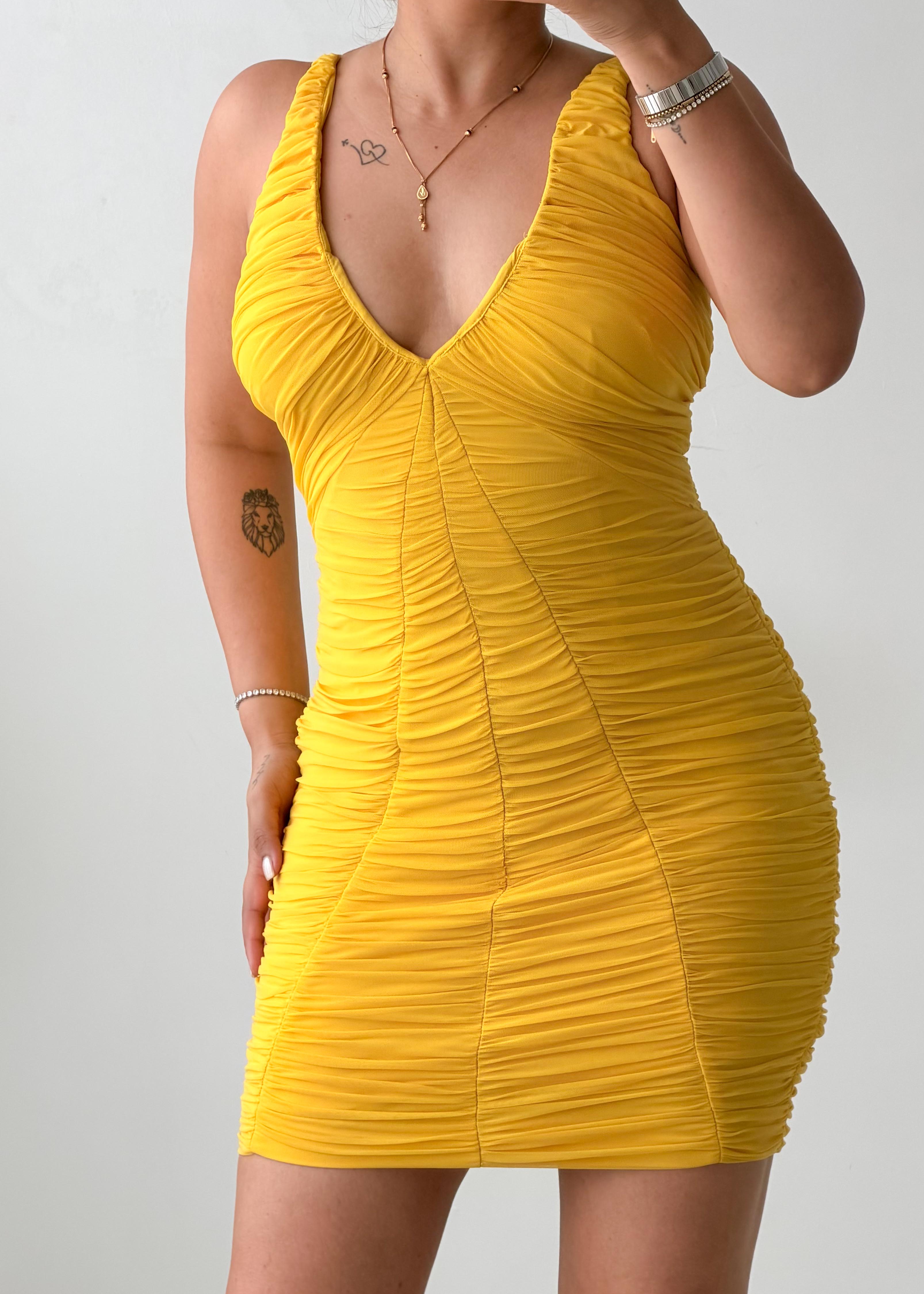Size XS-S Yellow Ruched Mini Dress