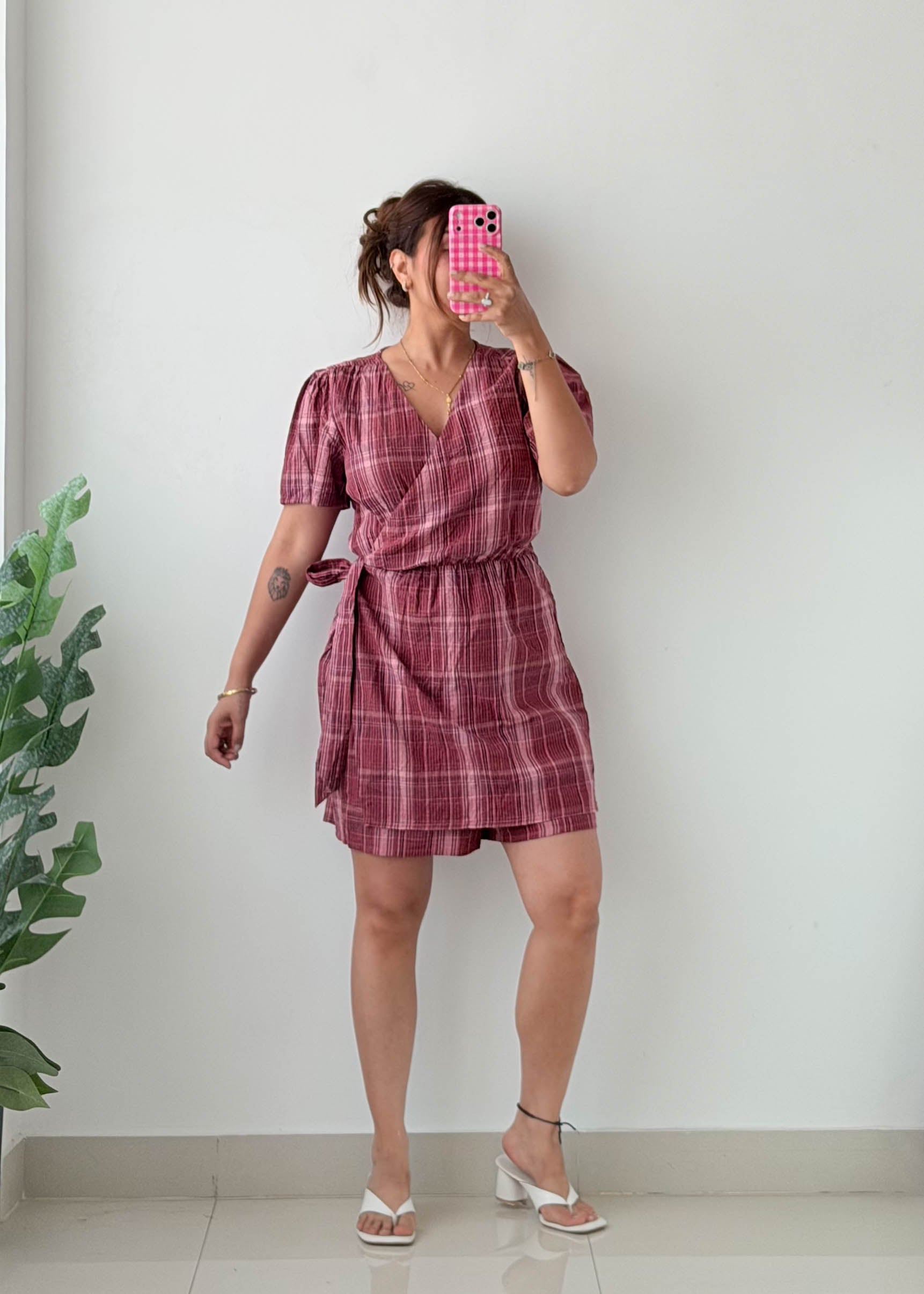 Size M-L Mauve Plaid Wrap Dress