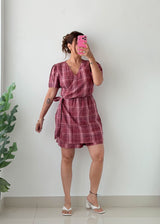 Size M-L Mauve Plaid Wrap Dress