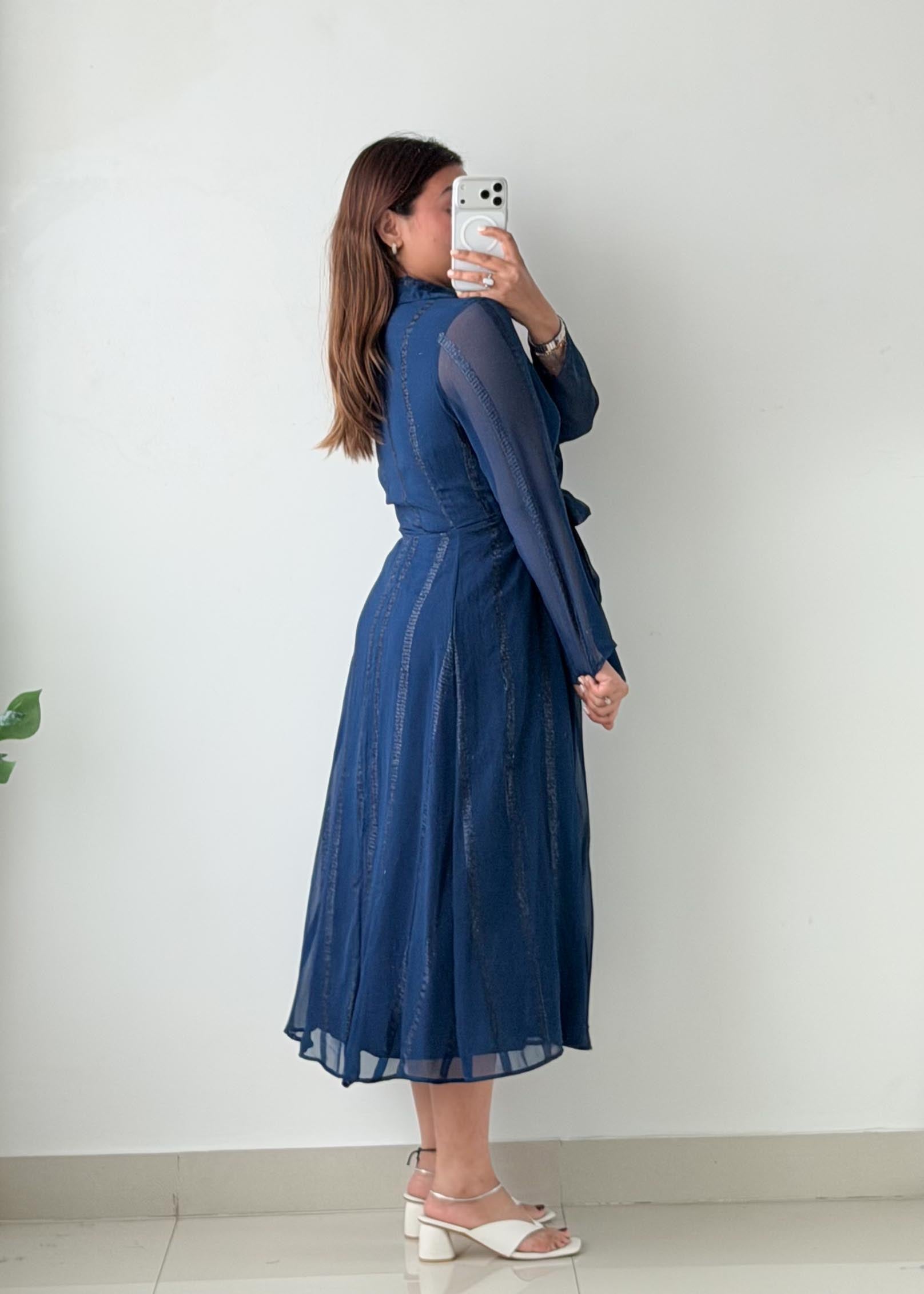Size M-L Navy Blue Sheer Overlay Maxi Dress
