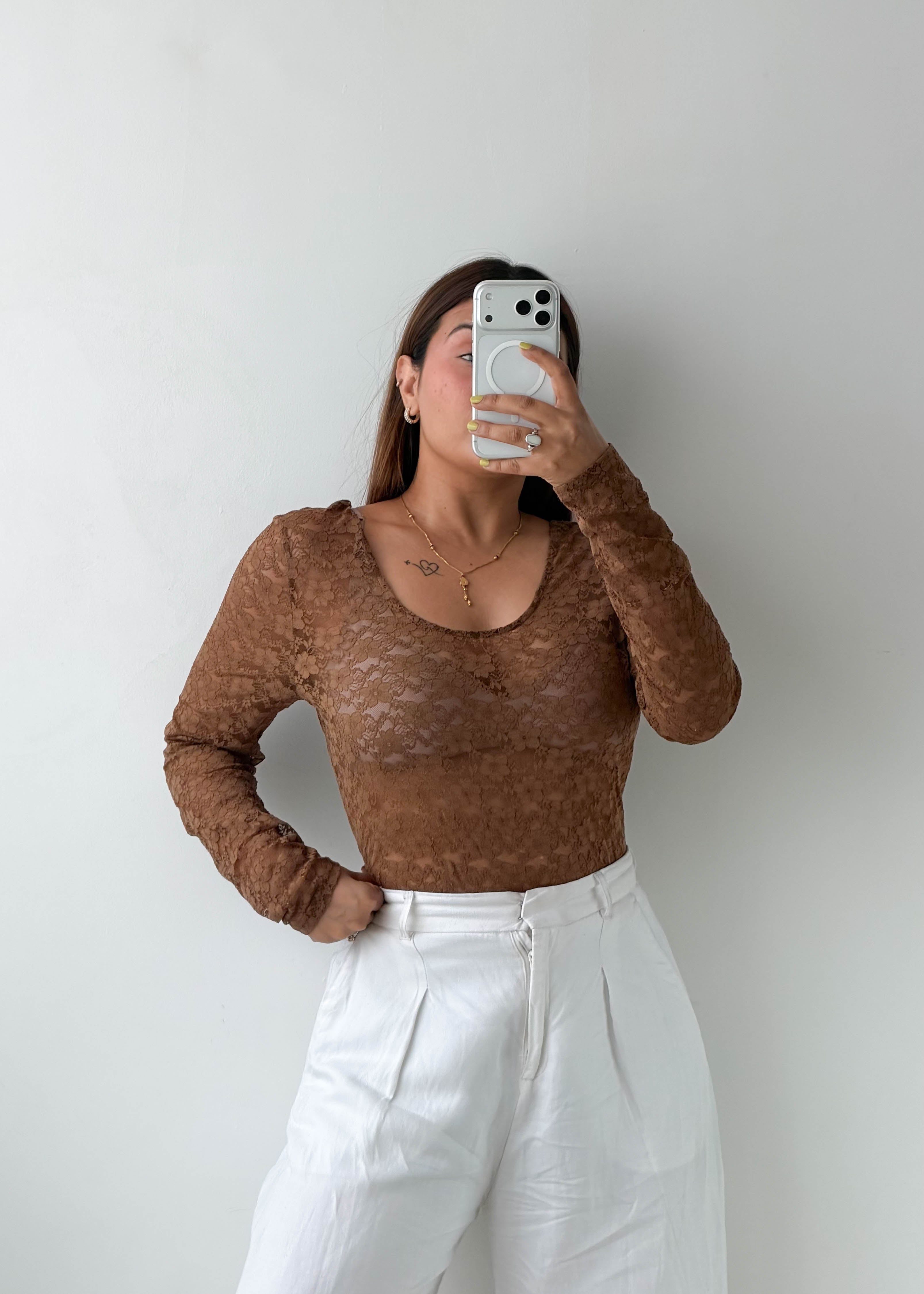Size L-XL Brown Floral Lace Bodysuit