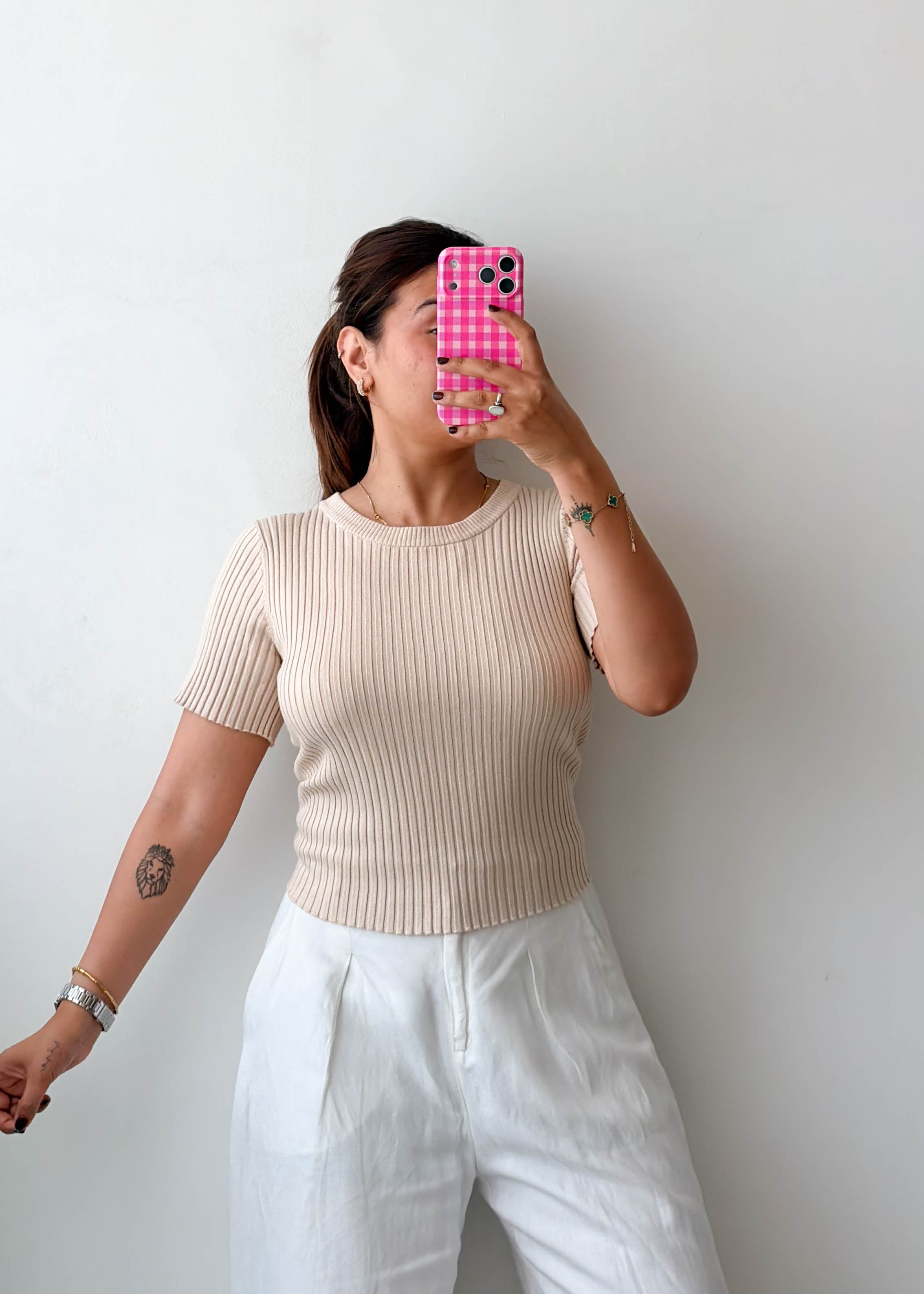 Size L-XL Beige Open Back Ribbed Top