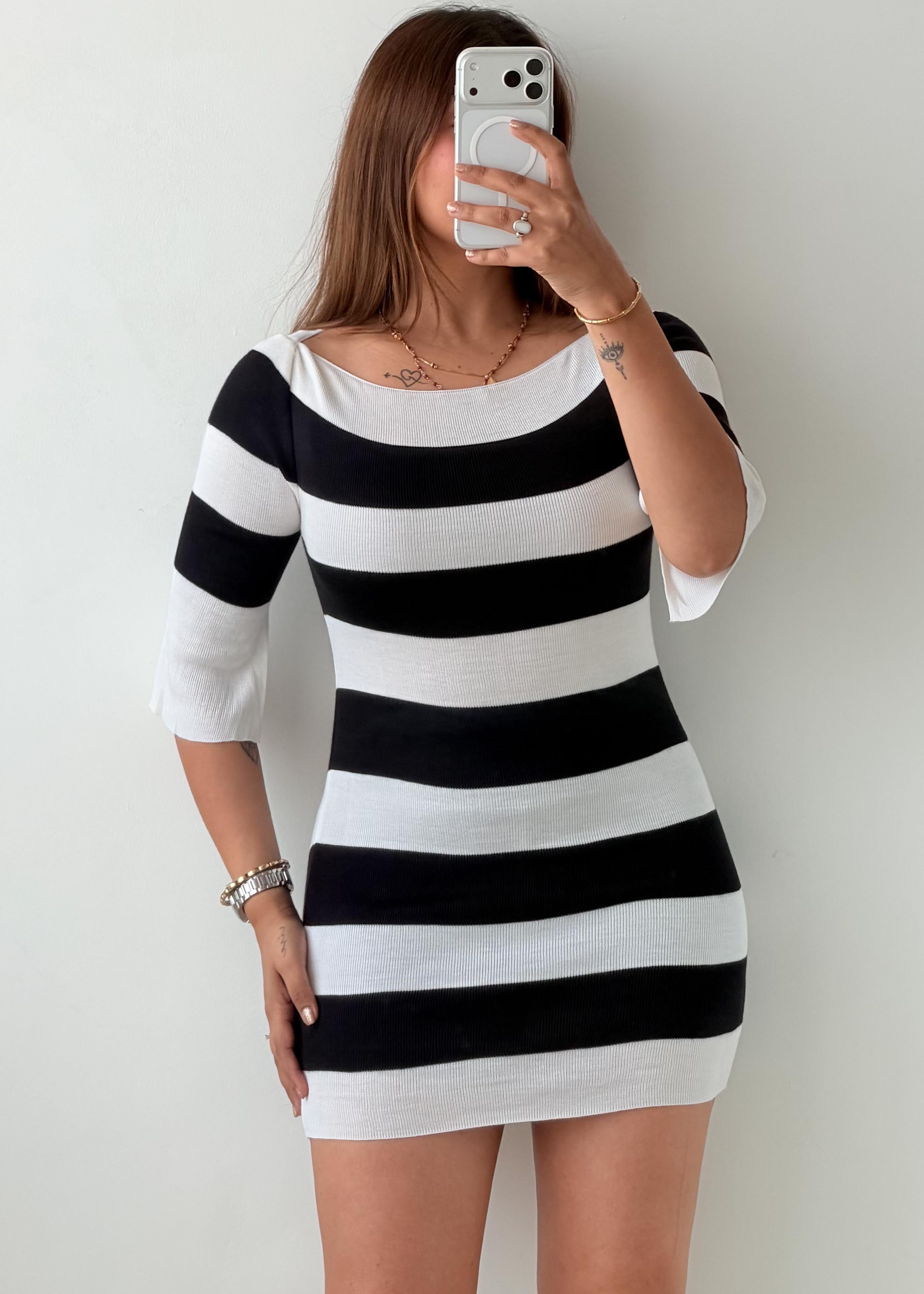 Size XS-S Black & White Stripe Knit Mini Dress