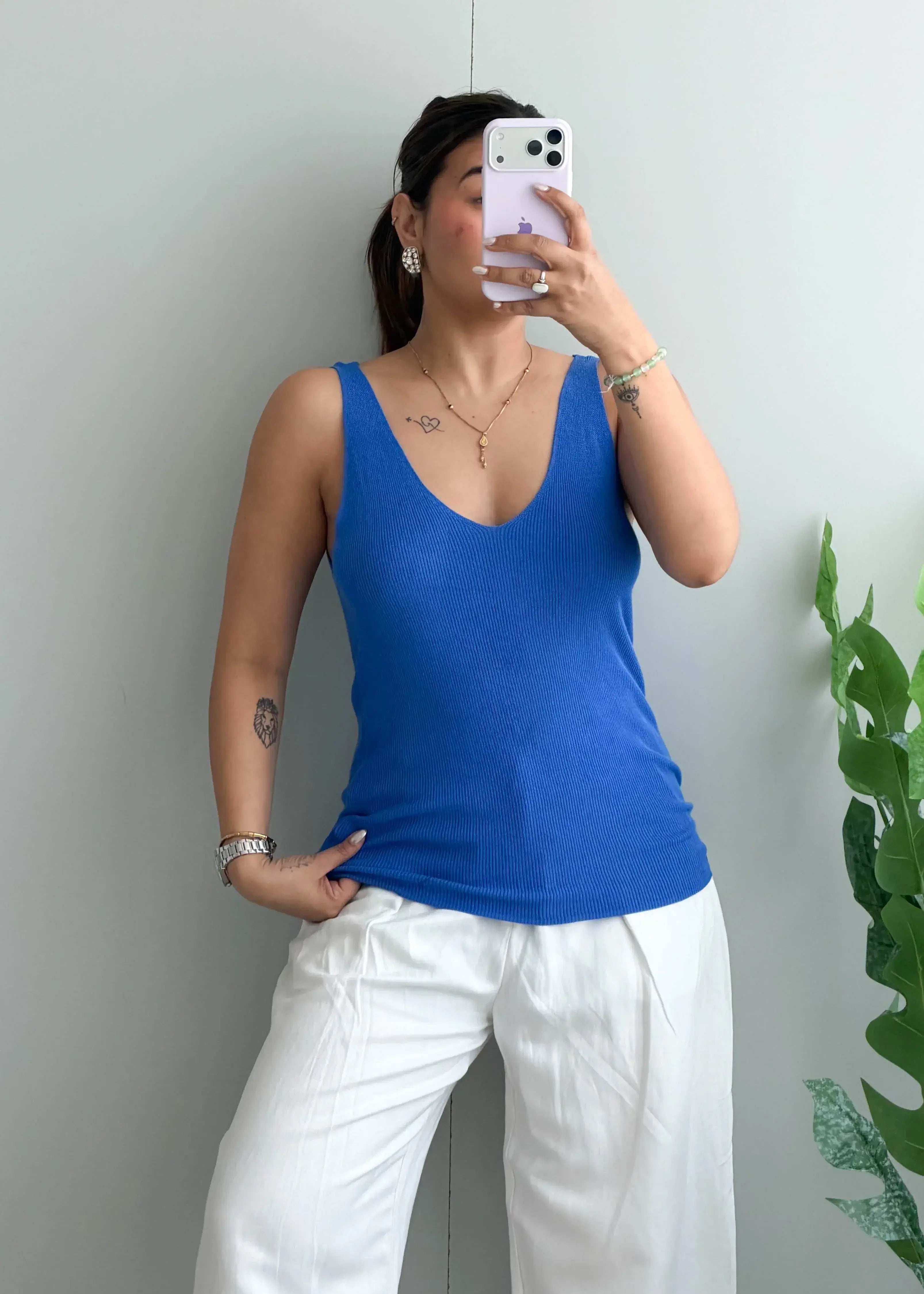 Size L-XL, Blue V-Neck Ribbed Tank Top - Closet by Payal