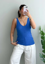 Size L-XL, Blue V-Neck Ribbed Tank Top - Closet by Payal