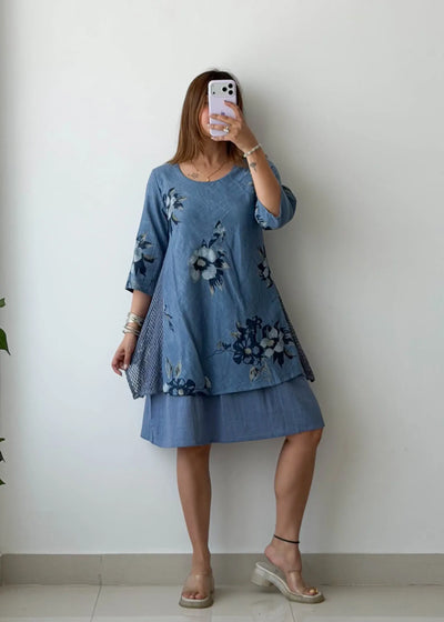 Size M-L, Blue Floral Layered Midi Dress