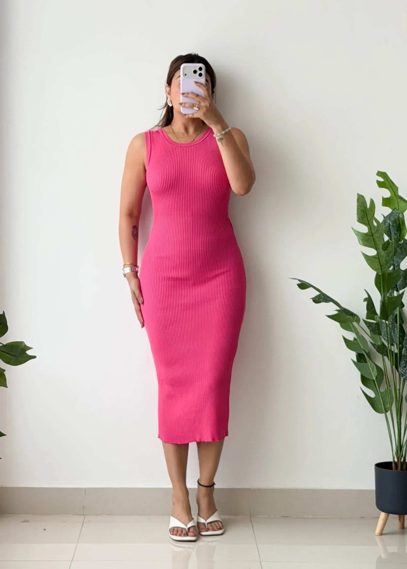 Size S-M, Pink Sleeveless Ribbed Midi Dress - Closet by Payal