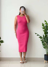 Size S-M, Pink Sleeveless Ribbed Midi Dress - Closet by Payal
