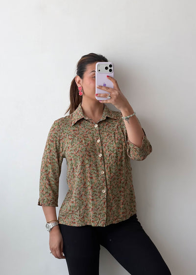 XS-S Green Micro Floral Viscose Crepe Shirt