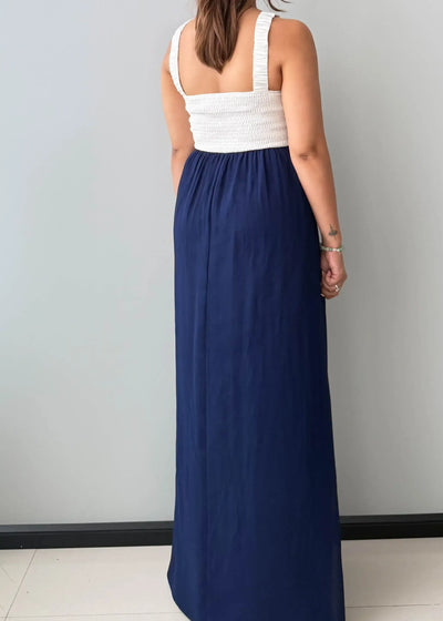 Size M-L, Navy & White Halter Maxi Dress - Closet by Payal