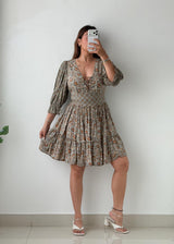 Size S-M Beige Floral Print Puff Sleeve Mini Dress