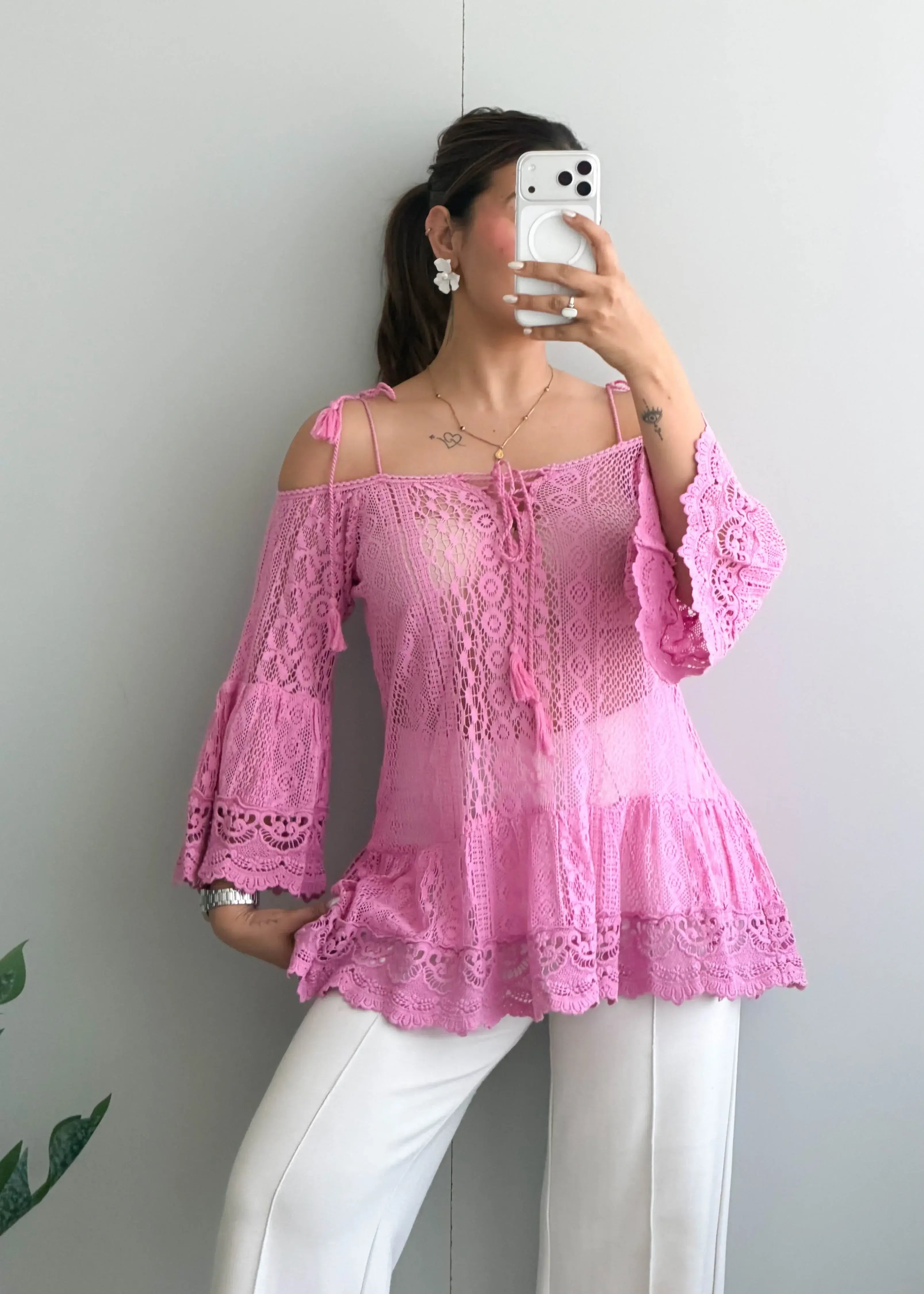 Size S-M, Pink Lace Cold Shoulder Top - Closet by Payal