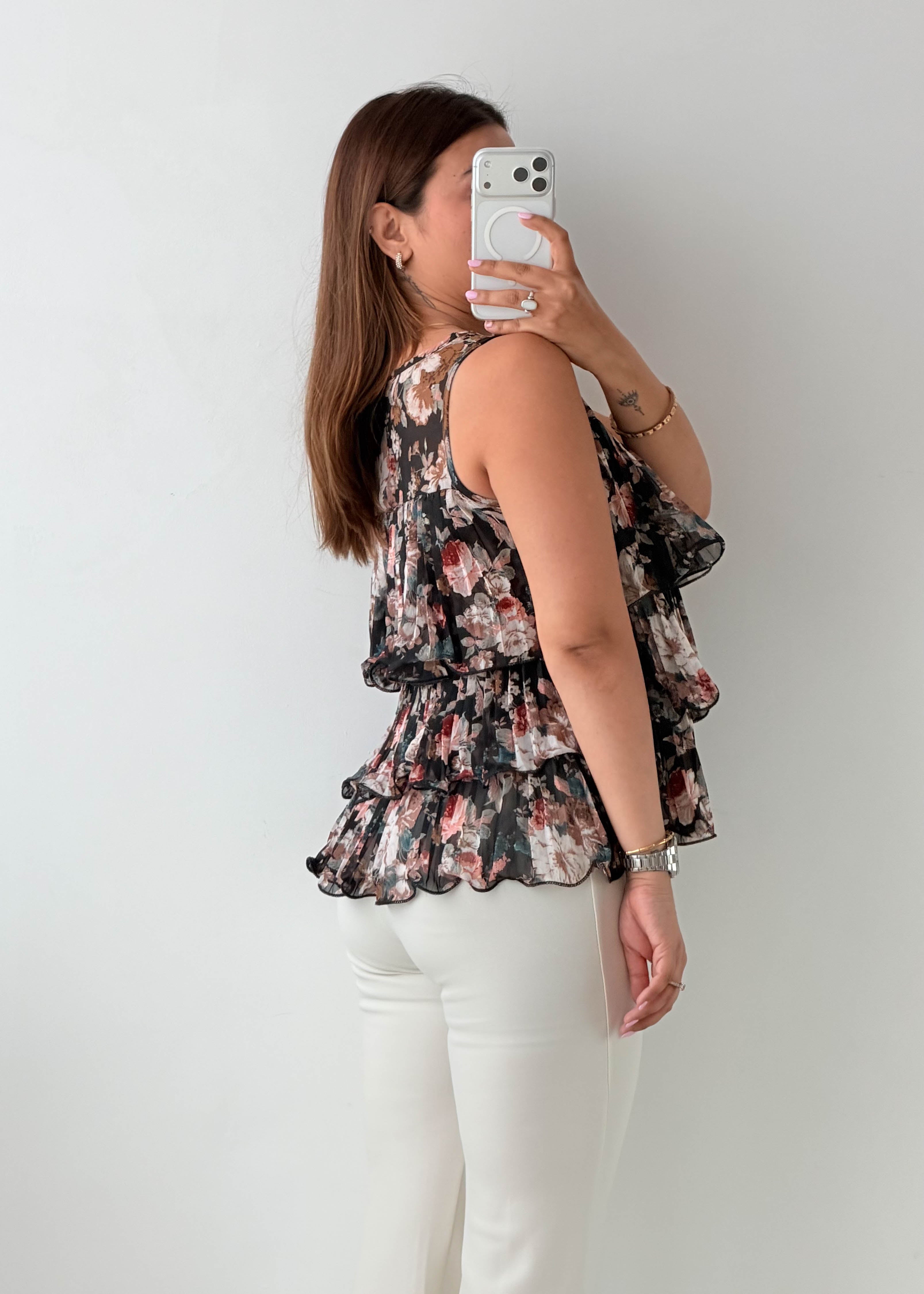 Size S-M Black Floral Tiered Chiffon Top