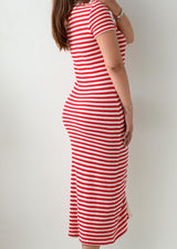 Size S-M Red & White Striped Ribbed Midi Dress