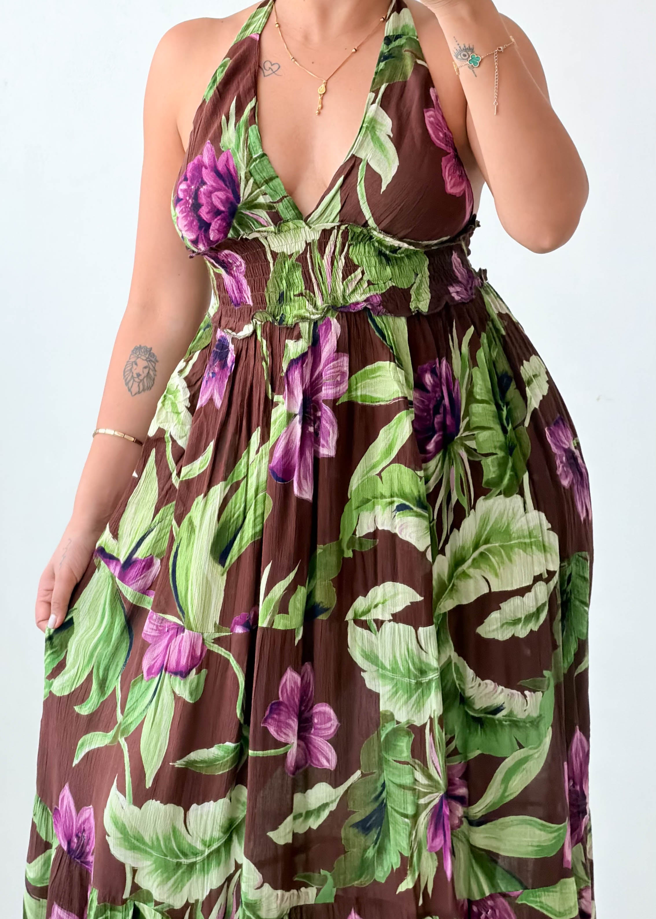Size S-M Tropical Floral Halter Midi Dress