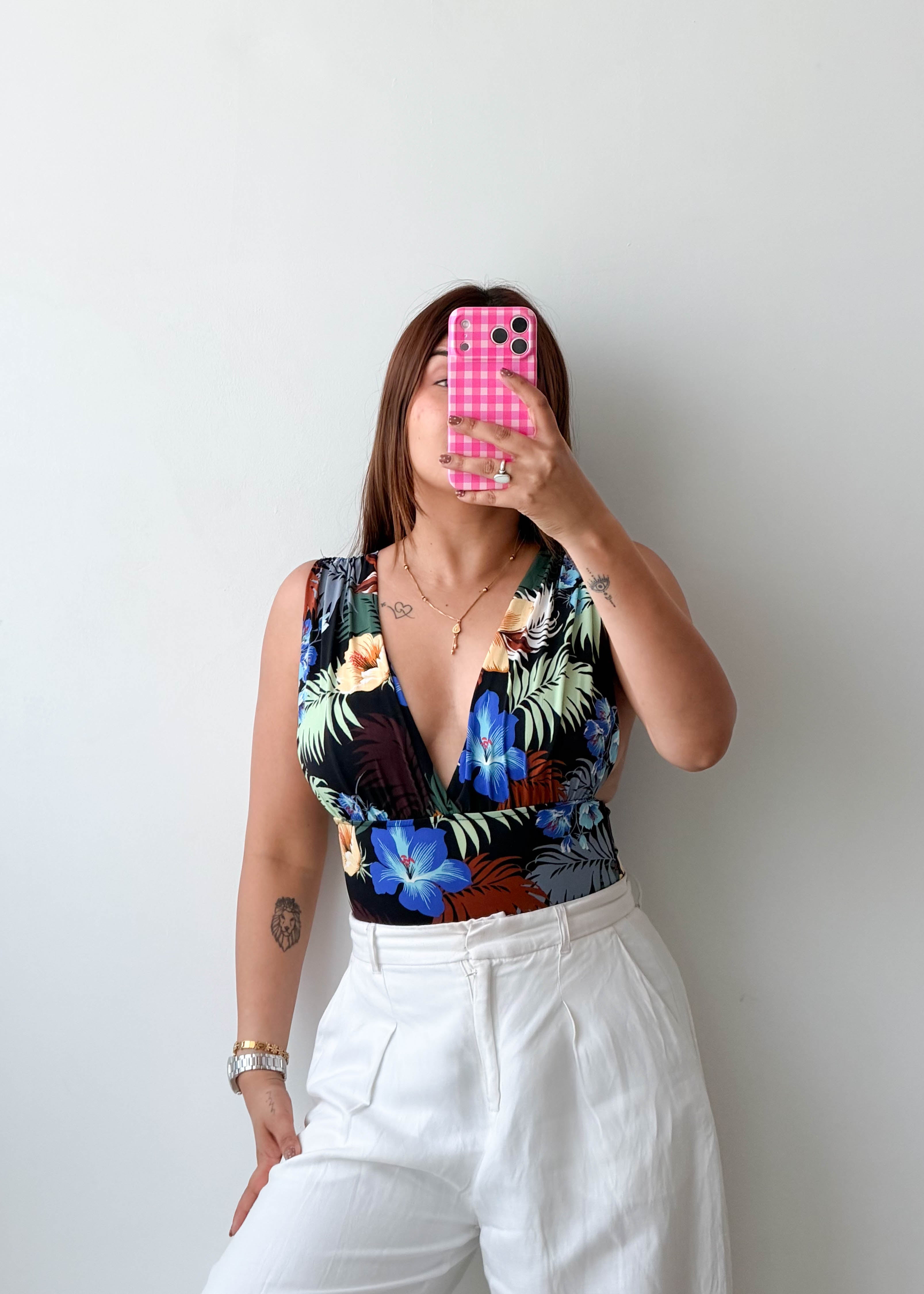 Size XS-S Tropical Floral Plunge Bodysuit