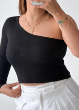 Size M-L Black One Shoulder Ribbed Top