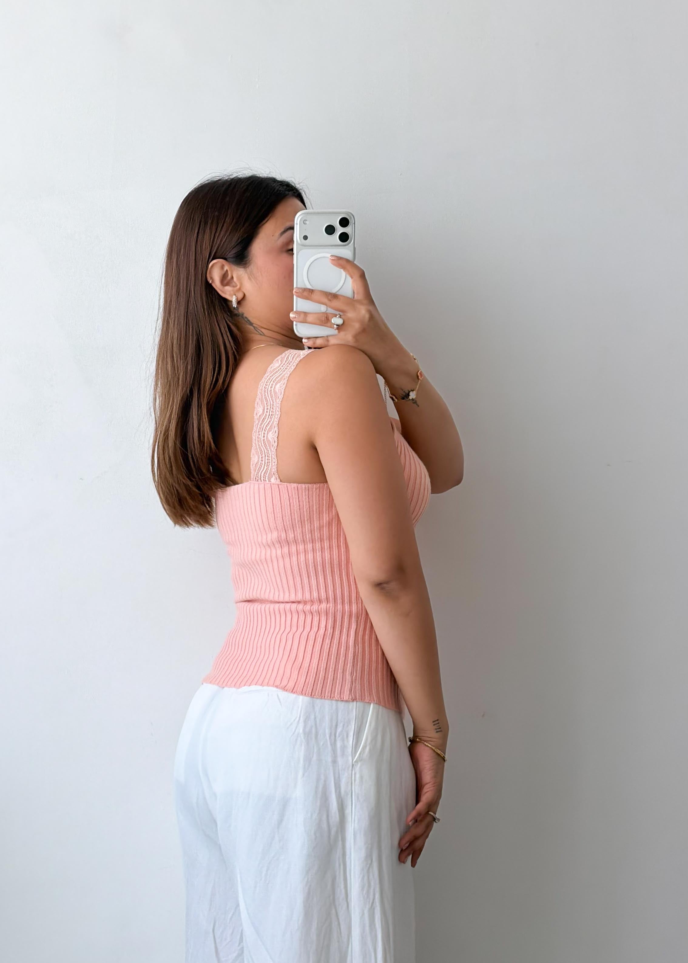 Size XS-S Blush Ribbed Lace Trim Tank Top