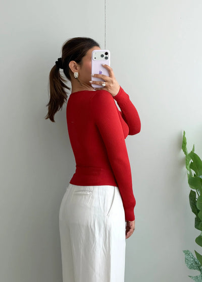 Size S-M, Red Ring Detail Ribbed Top - Closet by Payal