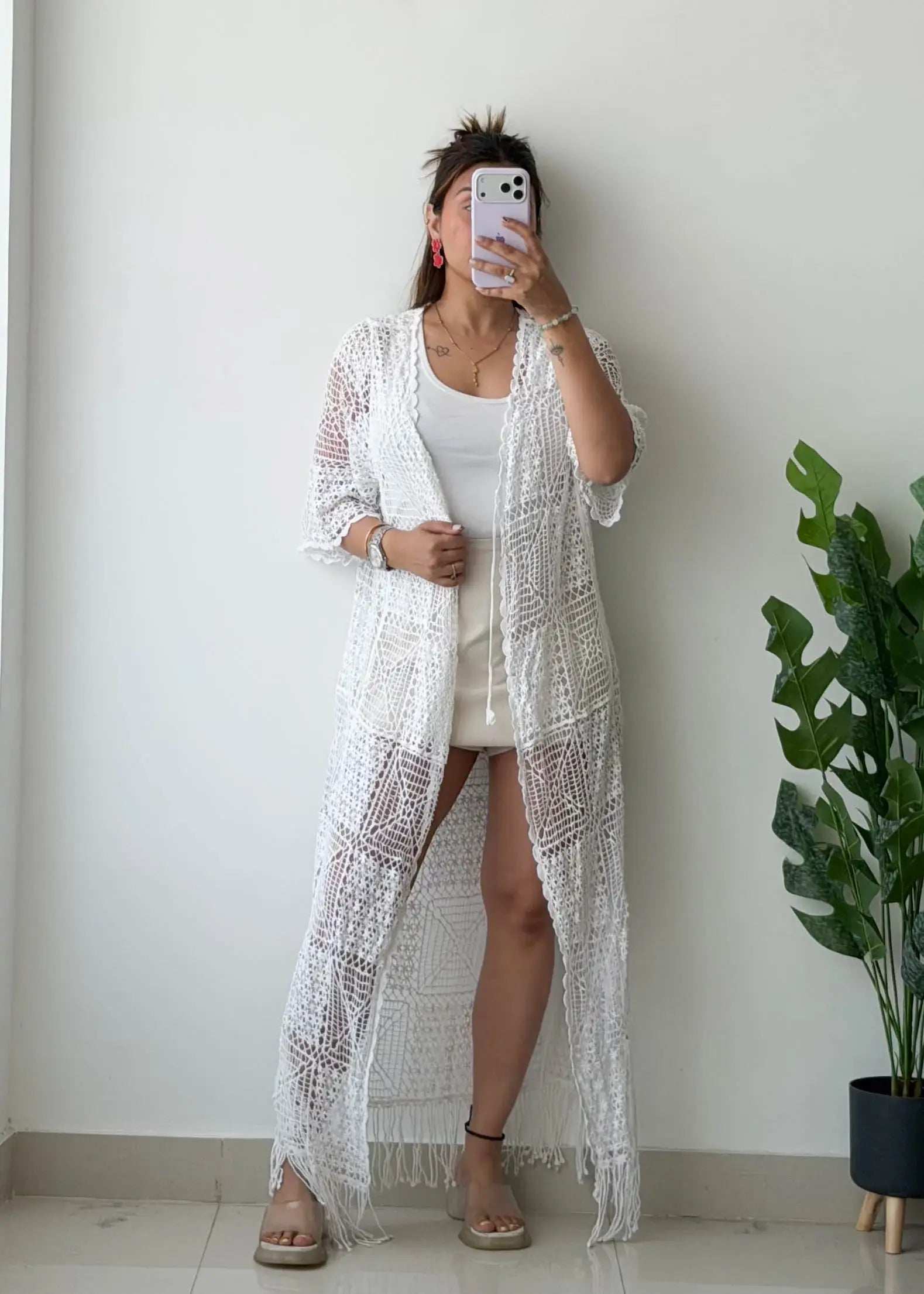 Size L-XL, White Crochet Cover-Up Dress