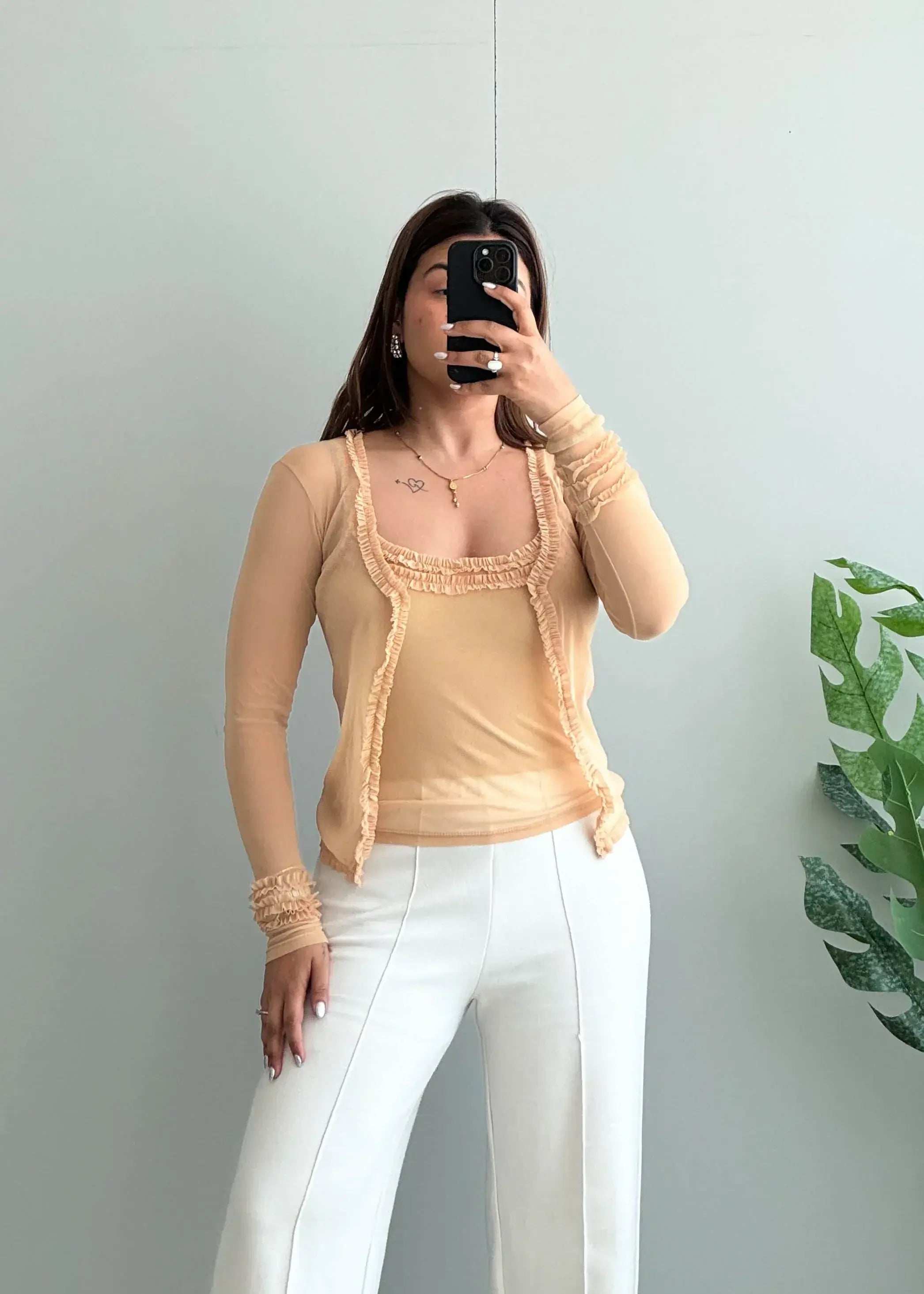Size XS-S, Y2K Sheer Ruffle Front Fitted Top - Closet by Payal