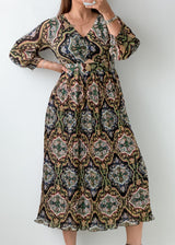 Size S-M Black Multicolor Paisley Print Midi Dress