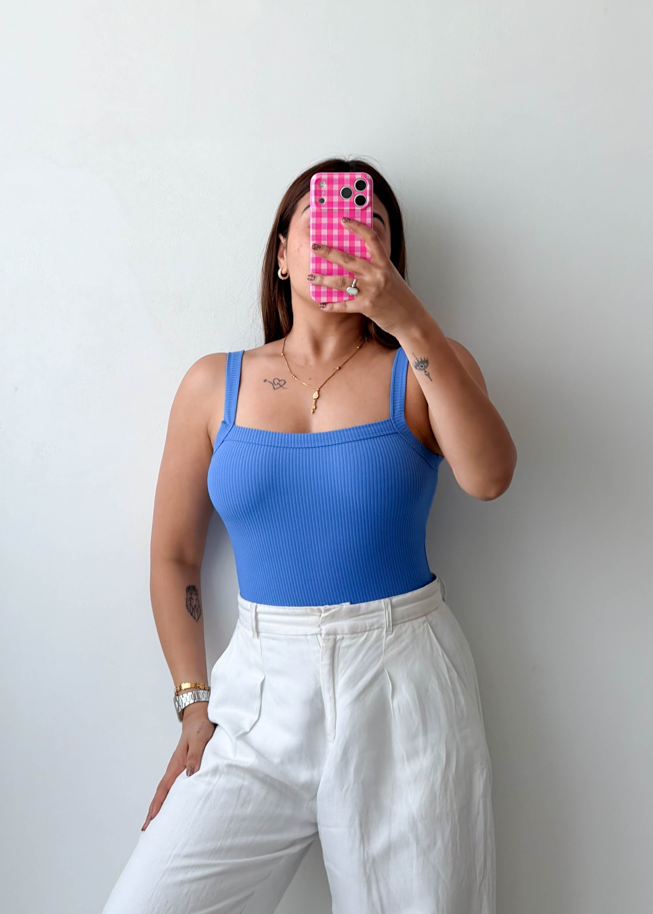 Size XS-S Blue Ribbed Square Neck Bodysuit