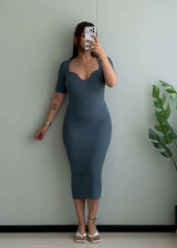 SIZE S-M, Teal Ribbed Sweetheart Neck Midi Dress - Closet by Payal