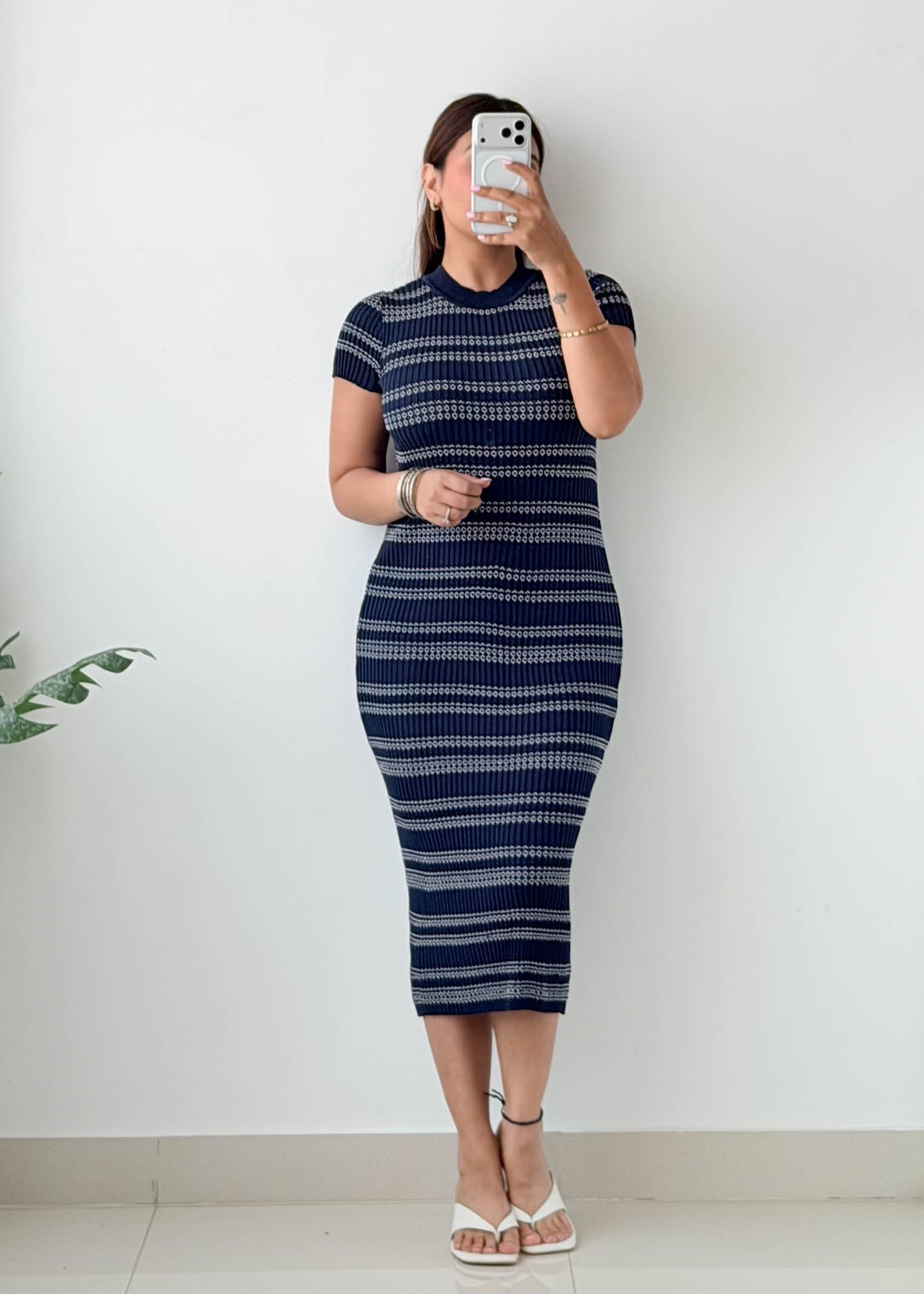 Size M-L Navy Striped Ribbed Midi Dress