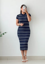 Size M-L Navy Striped Ribbed Midi Dress