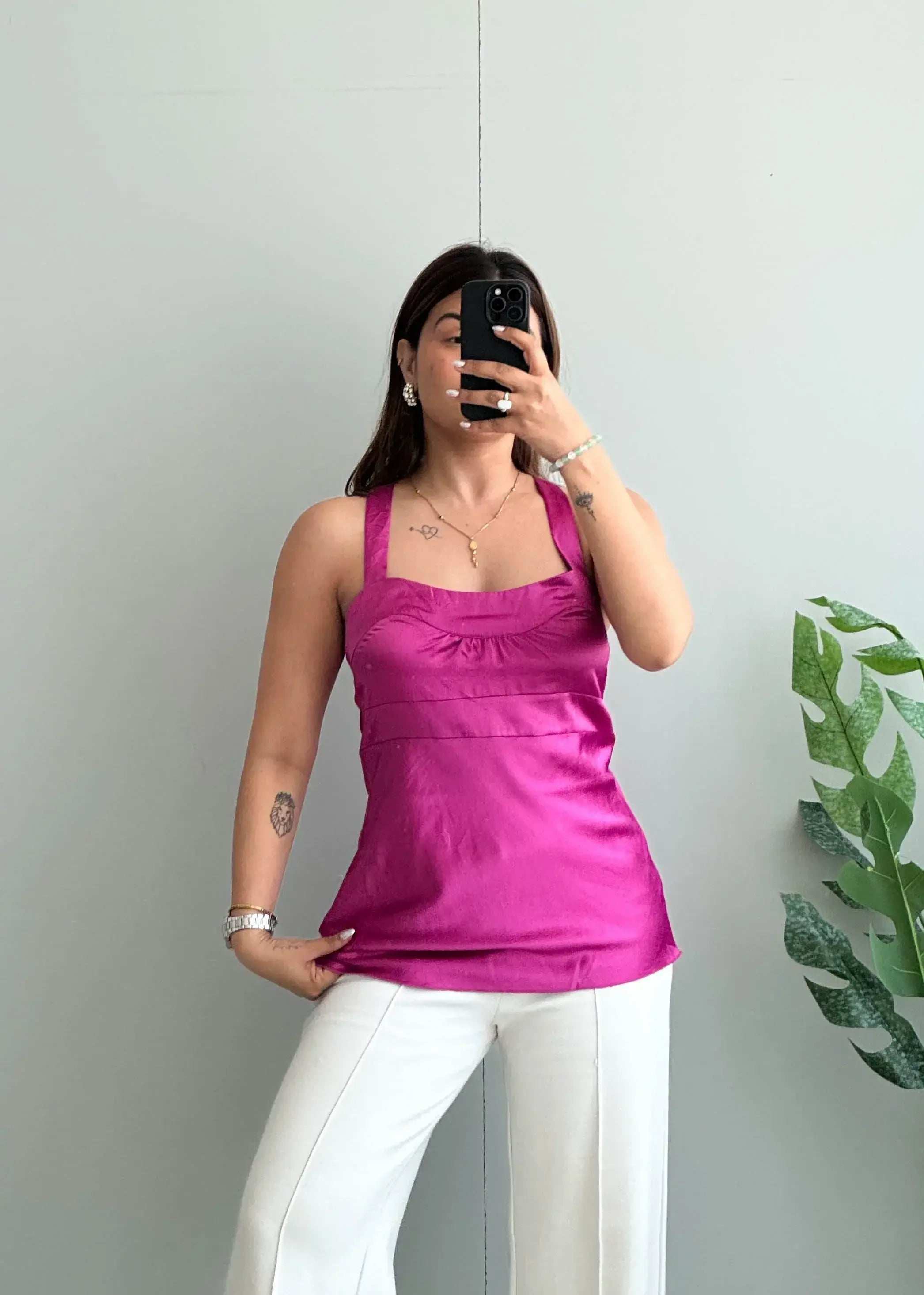 Size M, Fuchsia Satin Halter Neck Top for Women - Closet by Payal