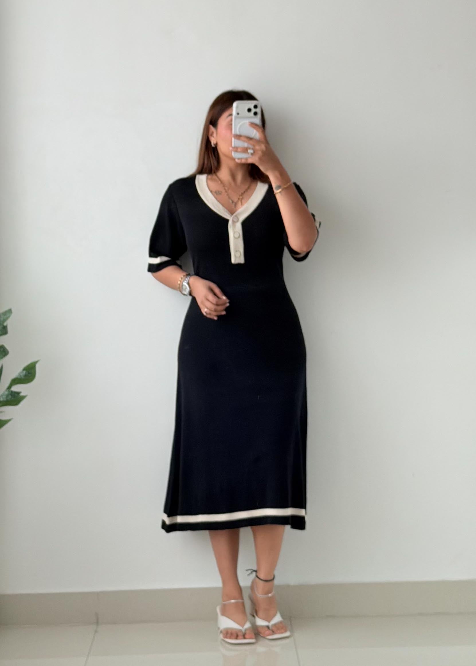 Size L-XL Black Contrast Trim Knit Midi Dress