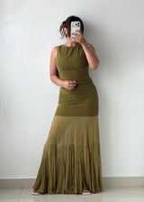 Size M Olive Green Ruched Maxi Dress