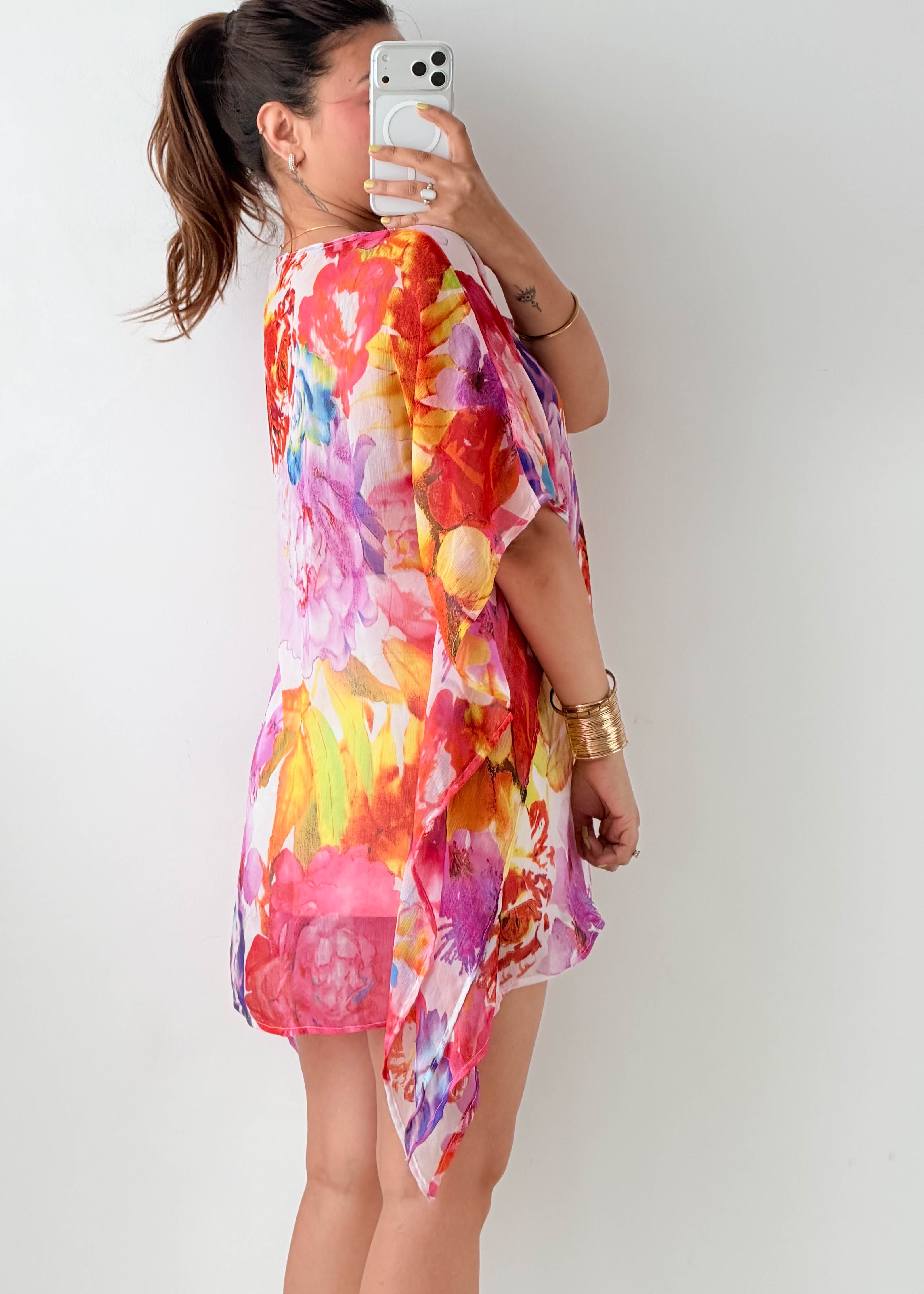 Free Size Pink Floral Kaftan Top