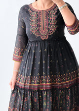 Size XS-S Black Ethnic Print Tiered Maxi Dress