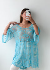 Free Size Aqua Blue Embroidered Mesh Kaftan Top