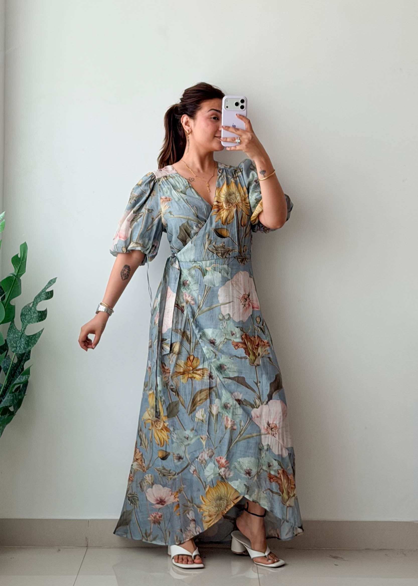 Size M-L Blue Floral Wrap Maxi Dress With Lining