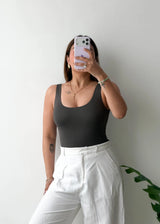 Size XS, Charcoal Grey Scoop Neck Sleeveless Bodysuit