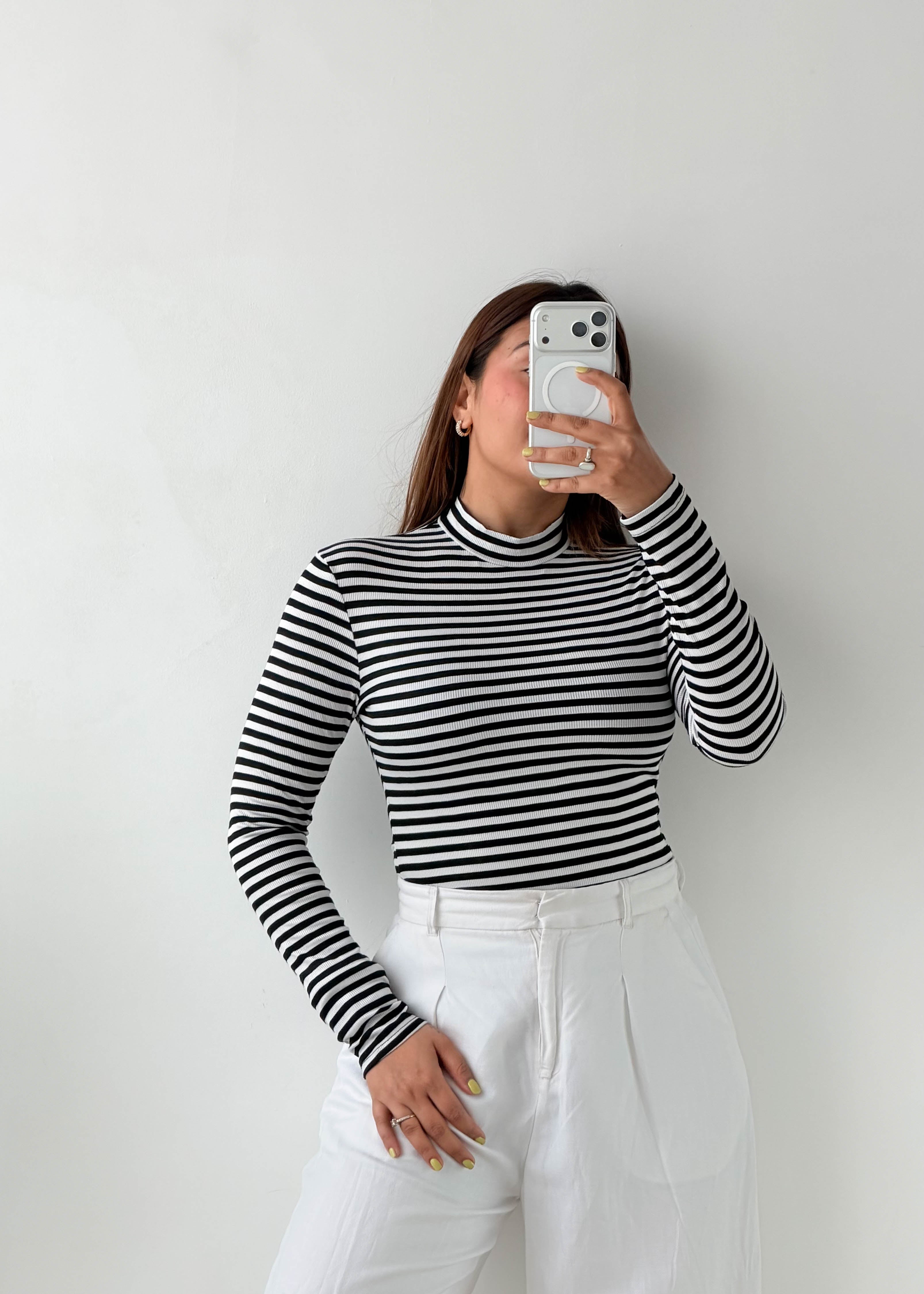 Size S-M Black & White Striped High Neck Top