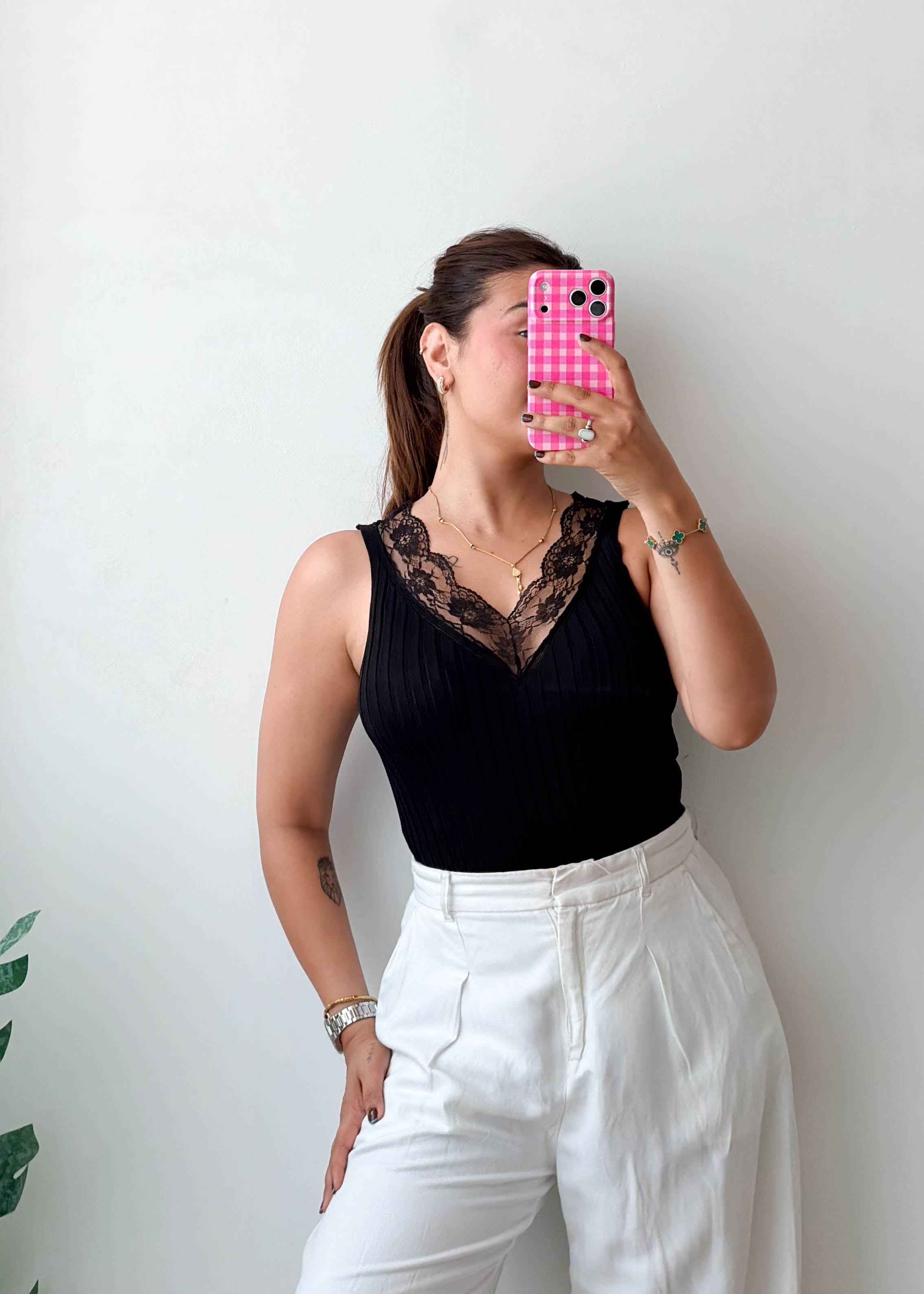 Size XS-S Black Lace Trim Ribbed Top